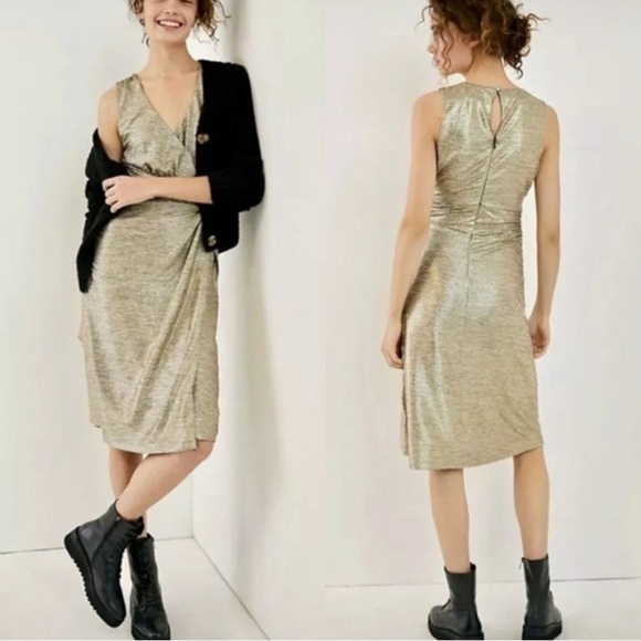 Anthropologie Dresses & Skirts - Anthropologie Gold Metallic Faux Wrap Side Ruched Dress